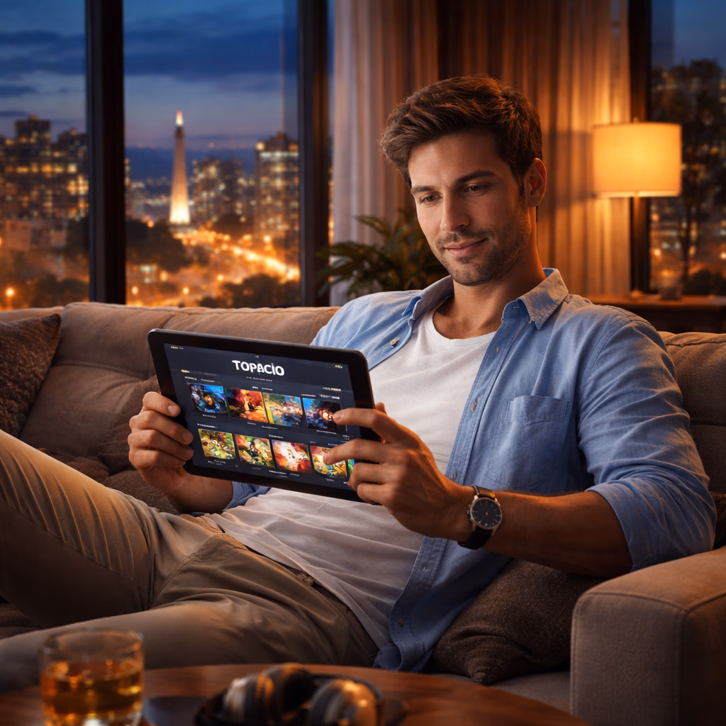 A confident player in a modern home setting enjoying Topacio on a tablet with bright gaming visuals on screen.
