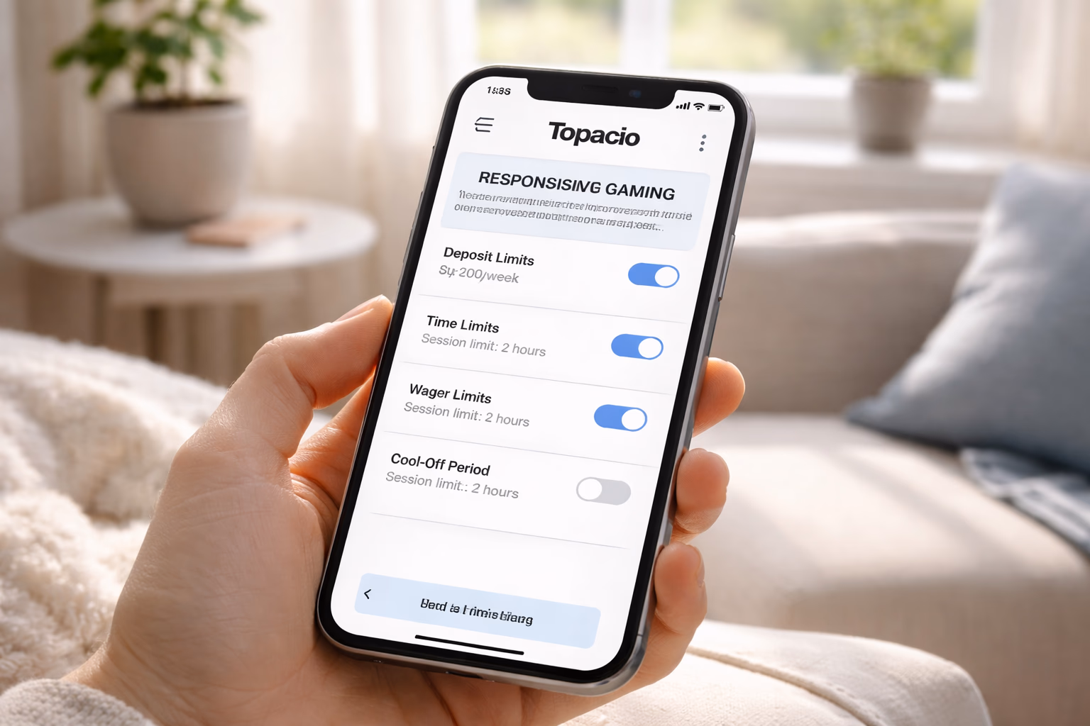 A calm player managing limits responsibly on Topacio using a smartphone in a comfortable home environment.