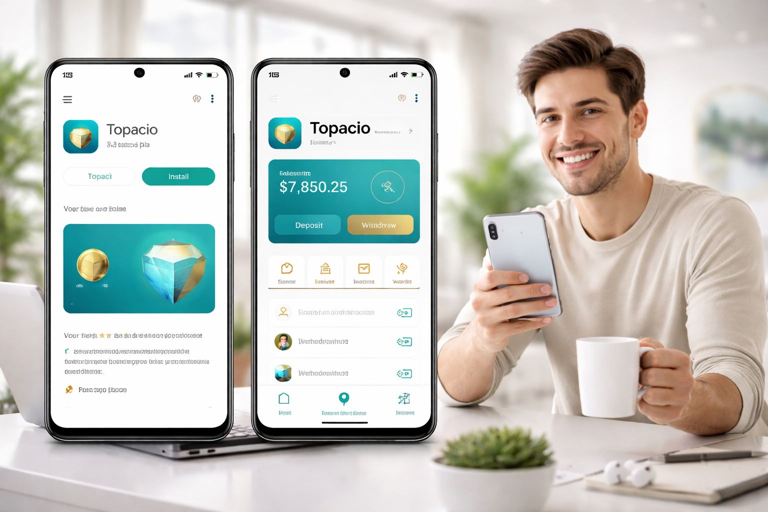 A smiling woman installing the Topacio APK on her Android phone while checking a bright and user-friendly mobile interface.