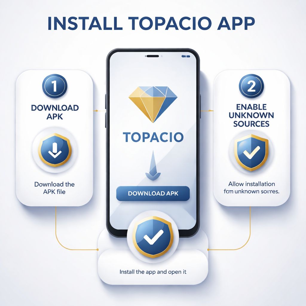 An Argentine mobile user following the Topacio app installation process on a smartphone in a clean modern environment.