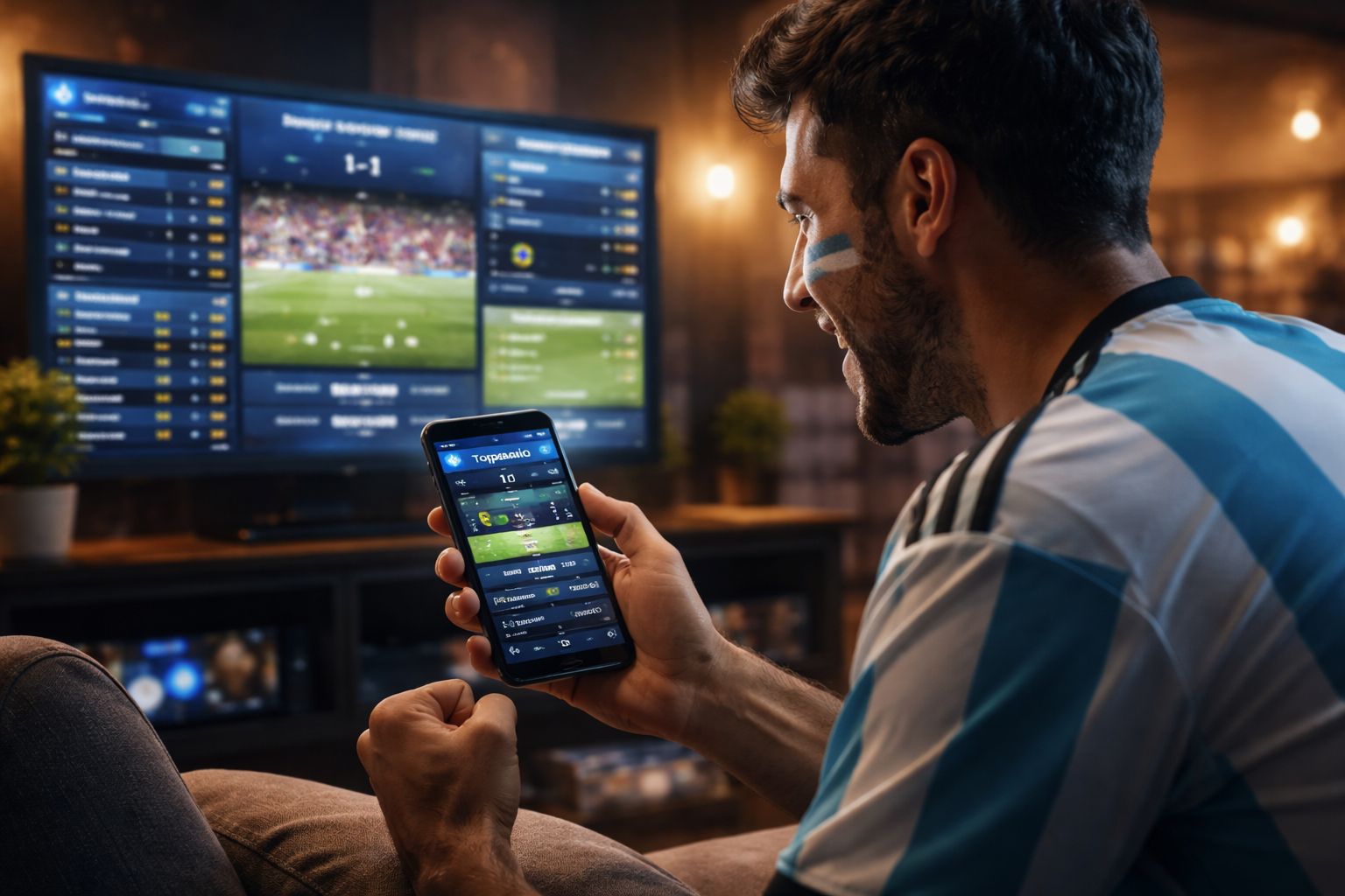 A mobile bettor in Argentina watching live sports and using the Topacio interface to place an in-play wager.