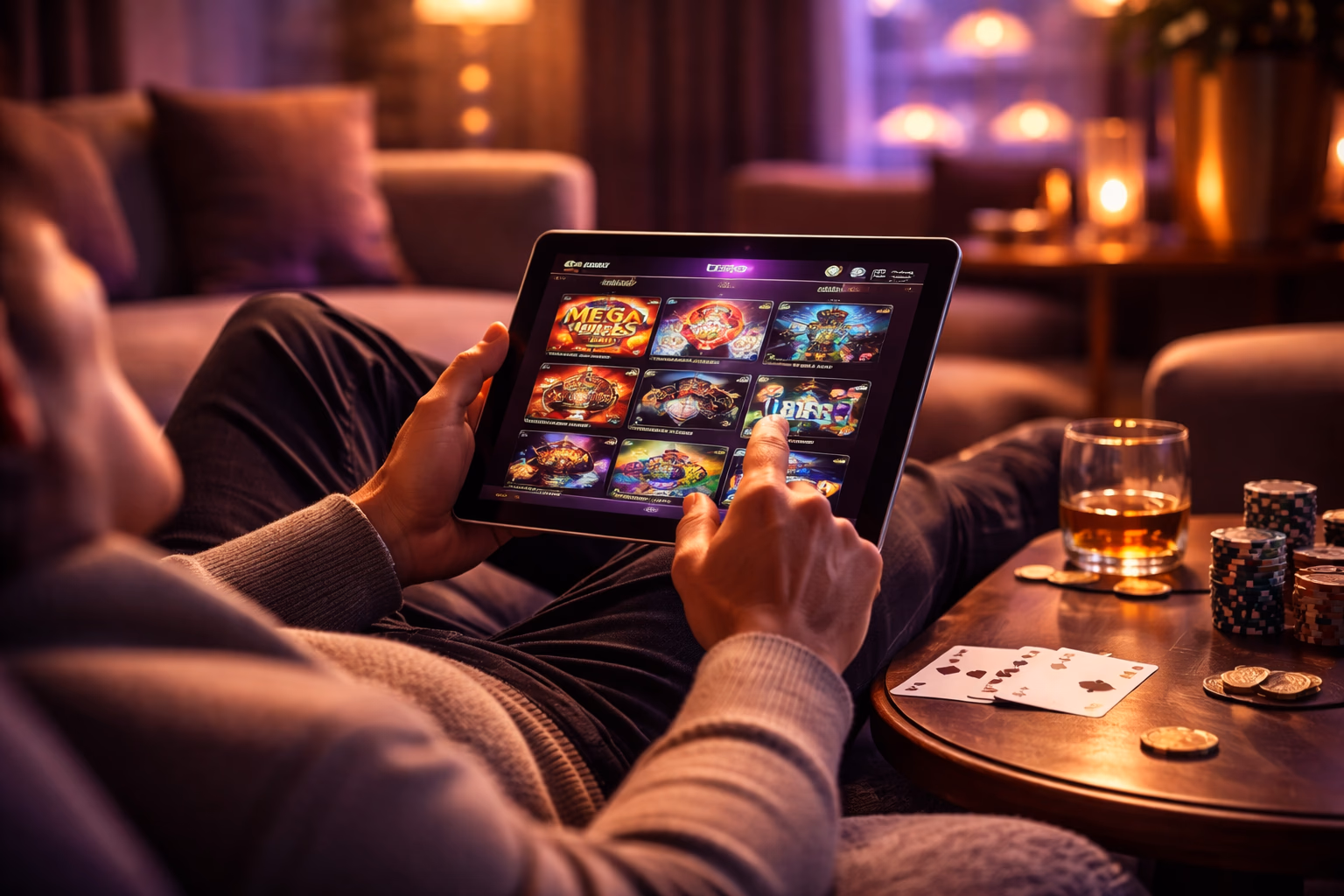 Player enjoying the Topacio games platform on a tablet with bright casino visuals and a comfortable modern atmosphere