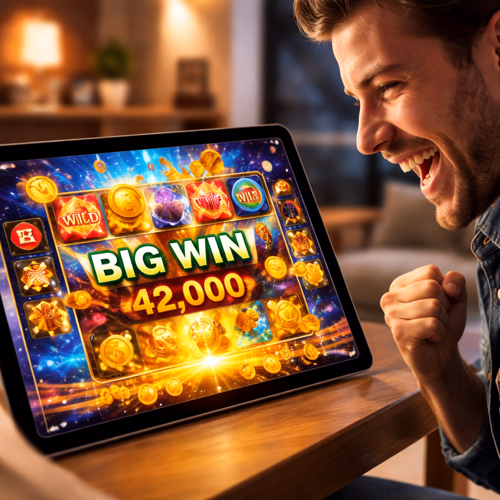 A delighted player celebrating a successful Topacio slot session on a tablet with bright symbols and coin effects.